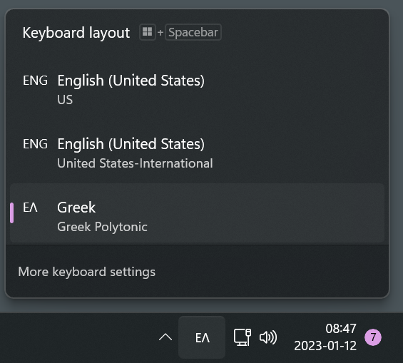 Menu Selection for Keyboard in Task Bar