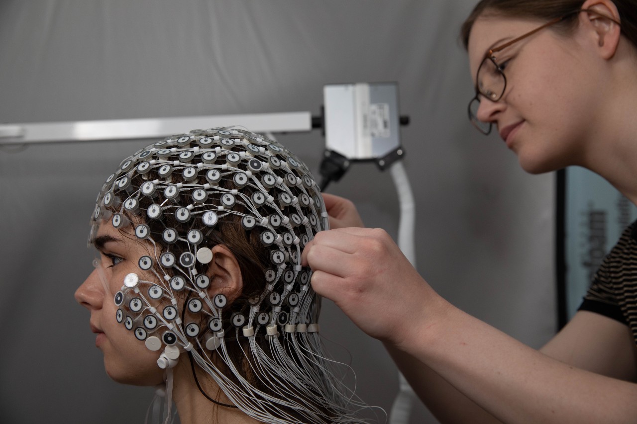 Neuroscience research subject connected to research equipment