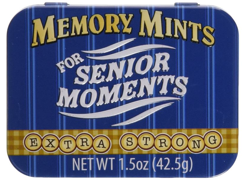 a small mint tin labeled with the words: Memory Mints for Senior Moments Extra Strong"