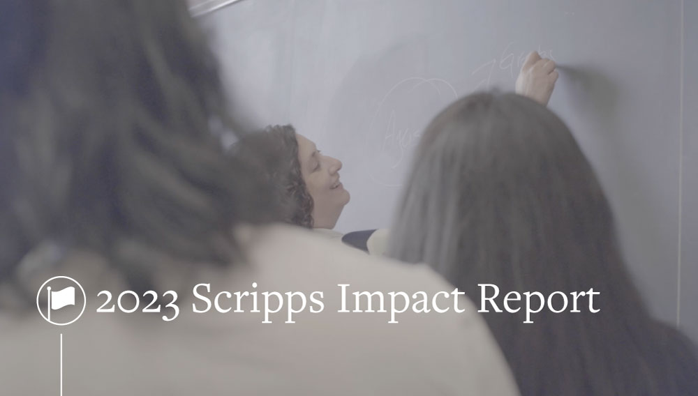 A researcher at a chalk board with two student looking with text reading, 2023 Scripps Impact Report.