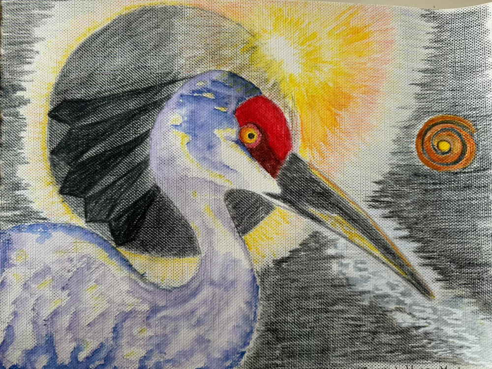 Watercolors, Posca pens, and colored pencil on canvas by Kathy Carter Young.