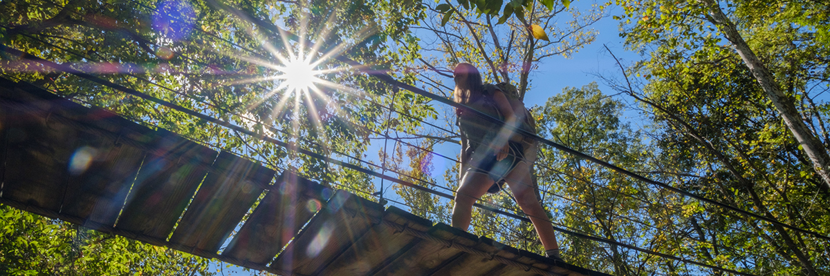Hiker going over bridge with sunlight shining down