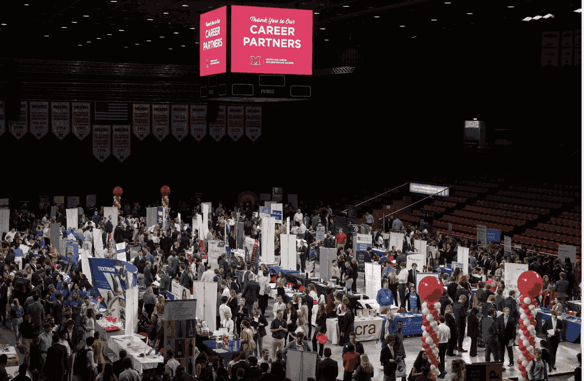 Top down shot of the career fair, hosted in Millet Hall