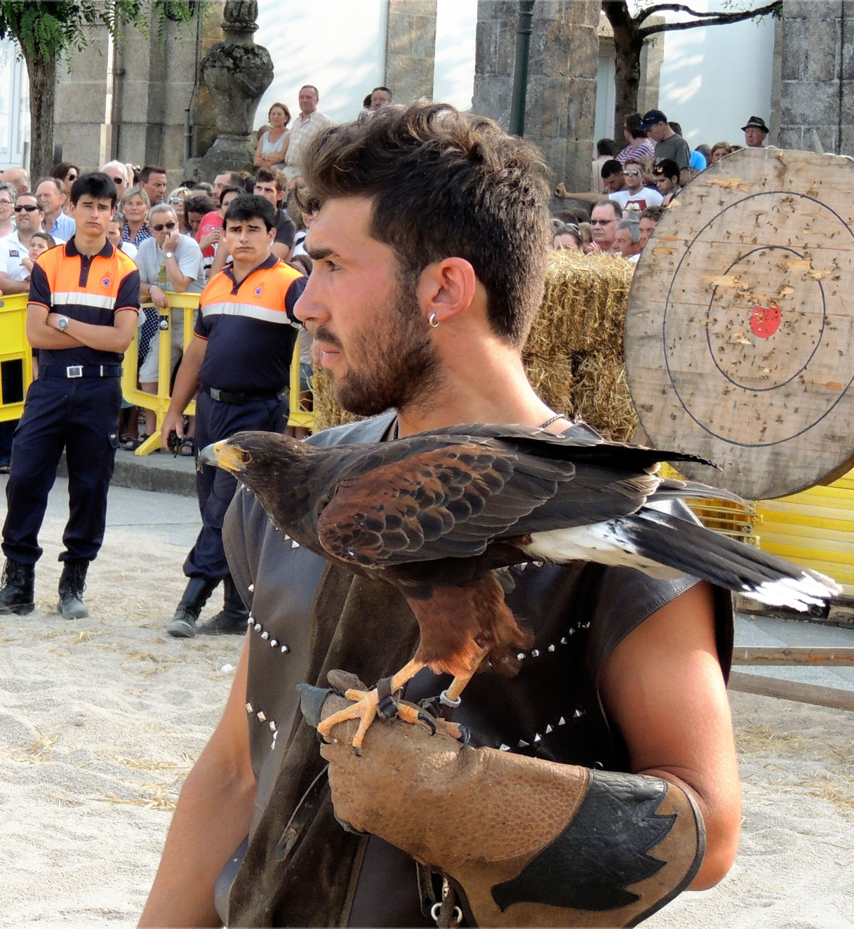 Man dressed in Gladiator clothing with a Falcon on their shoulder