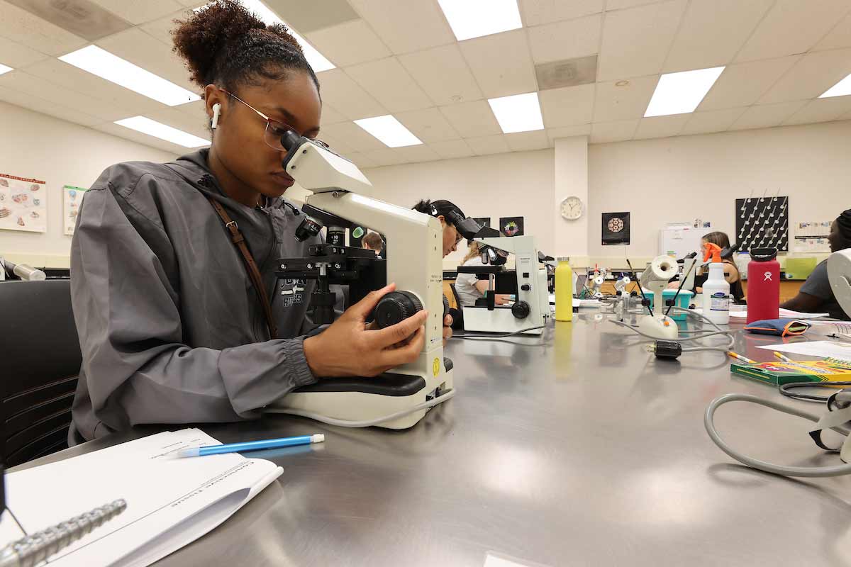 students using microscopes