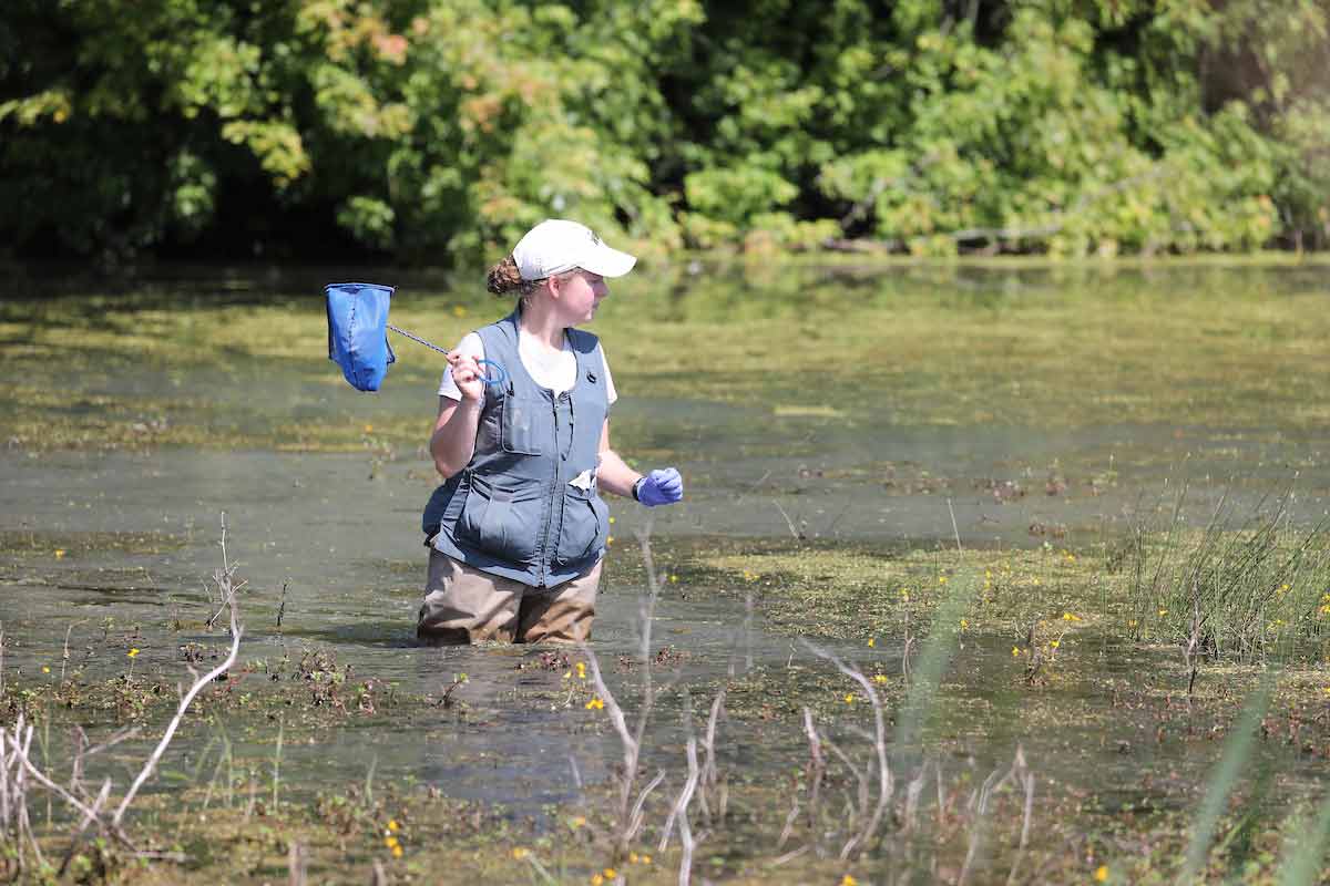 student collecting samples in the lake