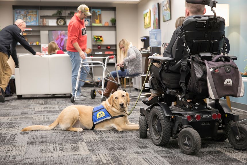 People and a service dog in the Miller Center.