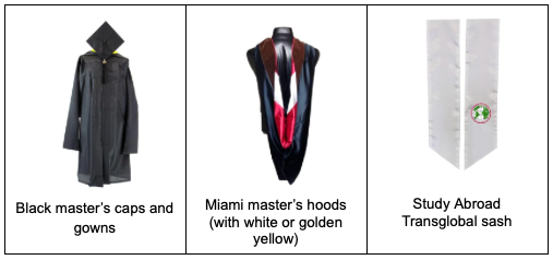 A three image picture with Black master's caps and gowns on the left, Miami master's hoods (with white or golden yellow) in the middle, and study abroad transglobal saw on the right.