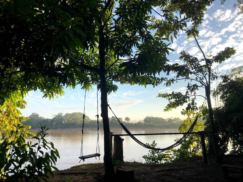 A swing overlooking a lake