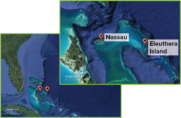 Google Earth image of the Bahamas with three locations marked. A second image shows the locations in closer detail with the labels Abaco Islands, Blue Lagoon (Salt Cay), and Nassau.