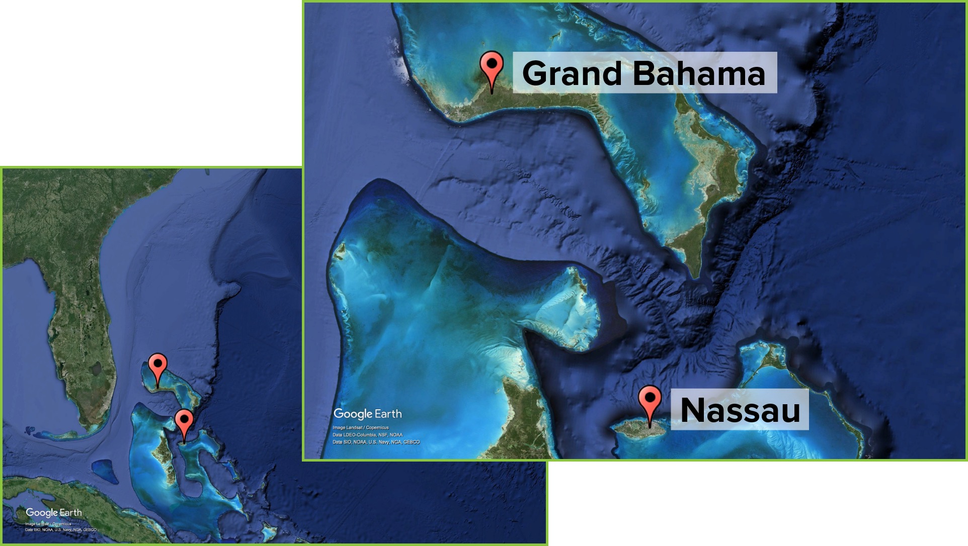 Google Earth image of the Bahamas with three locations marked. A second image shows the locations in closer detail with the labels Grand Bahama and Nassau.