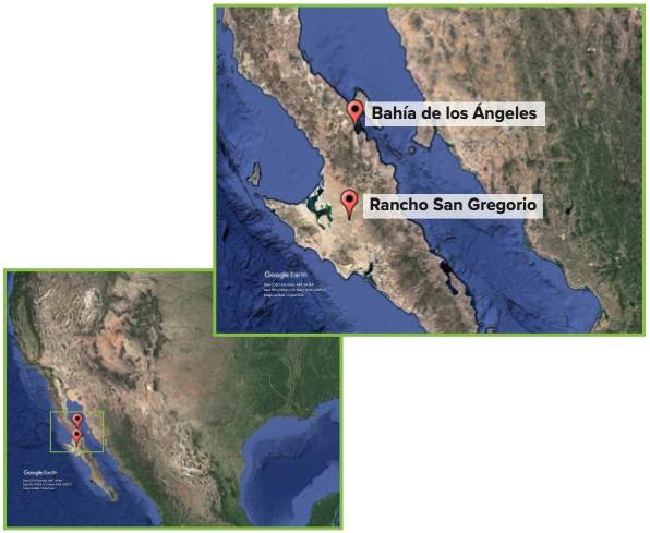 Google Earth image of Mexico and western USA with two locations marked. A second image shows the locations in closer detail with the labels Bahia de los Angeles and Rancho San Gregorio