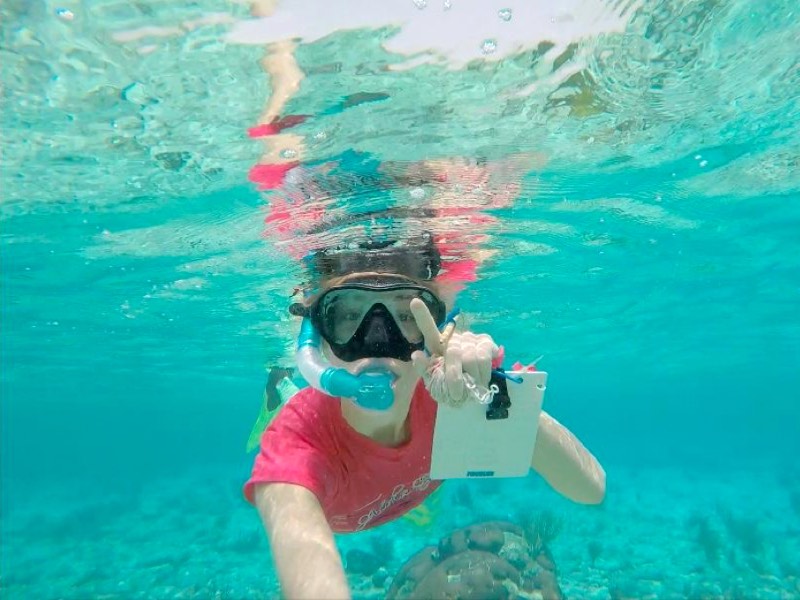 A student taking notes while snorkeling 