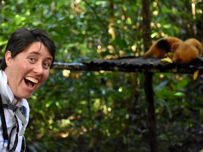 A student excited by the monkeys in the trees