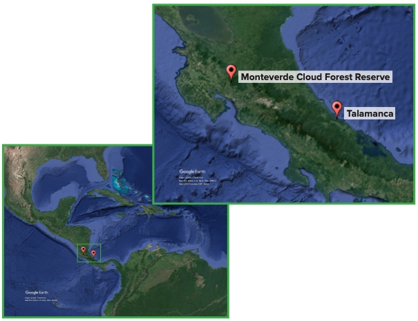 Google Earth image of Costa Rica with two locations marked. A second image shows the marked locations zoomed in and labeled Monteverde Cloud Forest Reserve and Talamanca