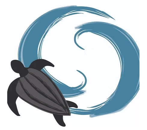Logo for Pacuare Reserve of two blue swirls and a sea turtle.