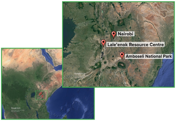 Google Earth maps of Kenya with three locations marked. A second image shows the marked locations zoomed in and labeled Nairobi, Lale'enok Resource Centre, and Amboseli National Park
