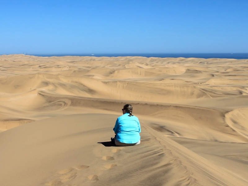 A student looking out at the waters from the top of a sand dune