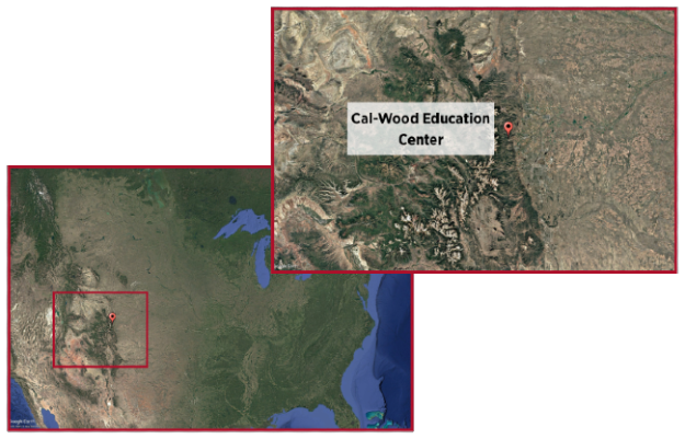 Google Earth map of U.S.A. with one location marked. A second image shows the marked location zoomed in and labeled Cal-Wood Education Center.