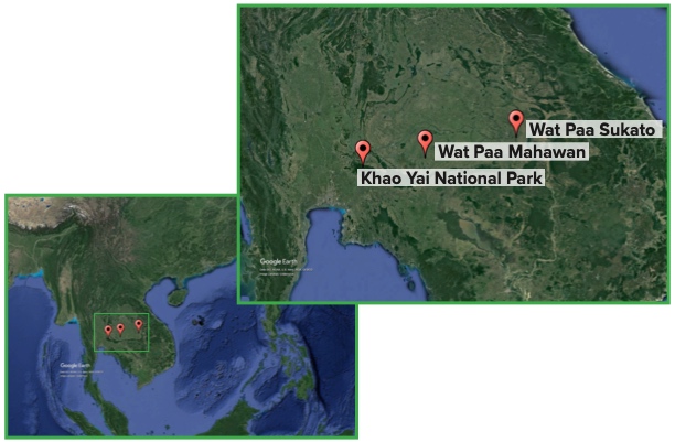 Google maps image of Thailand with three locations marked. A second image shows the marked locations zoomed in and labeled Wat Paa Sukato, Wat Paa Mahawan, and Khao Yai National Park