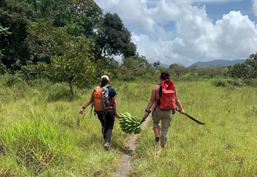 Two students carrying a bag between them.