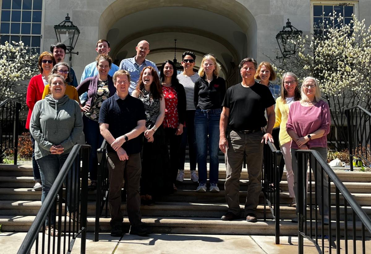 Project Dragonfly faculty and staff at Miami's Upham Hall, where the Dragonfly offices are located. From left, top row: Michael Streithorst, Spencer Pate, Kevin Matteson, Laura Abondano. From left, middle rows: Marcia Nantz, Katie Feilen, Amy Sullivan, Kirsten Keener, Jill Korach, Karen Plucinski, Paul Harding, Mary Jo Lahrmann, Connie Malone, Lynne Born Myers. From left, front row: Jamie Bercaw Anzano, Chris Myers.