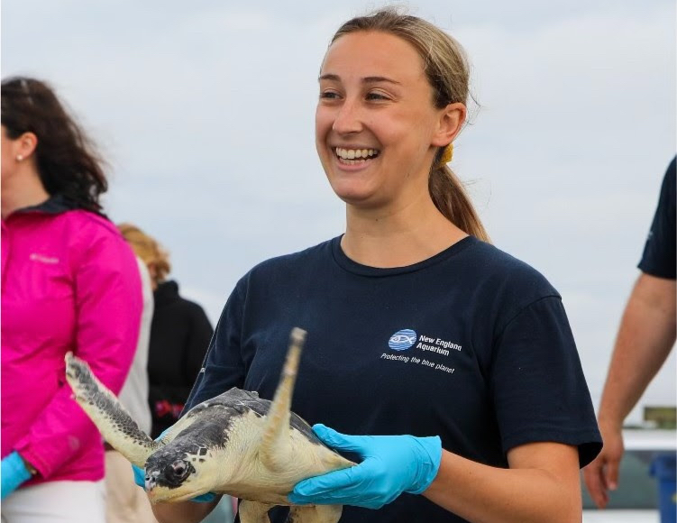 Kristen Luise holding a sea turtle.