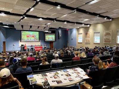 Faculty and students in the Life at Miami panel speak during a Discover the Sciences session in Benton Hall.