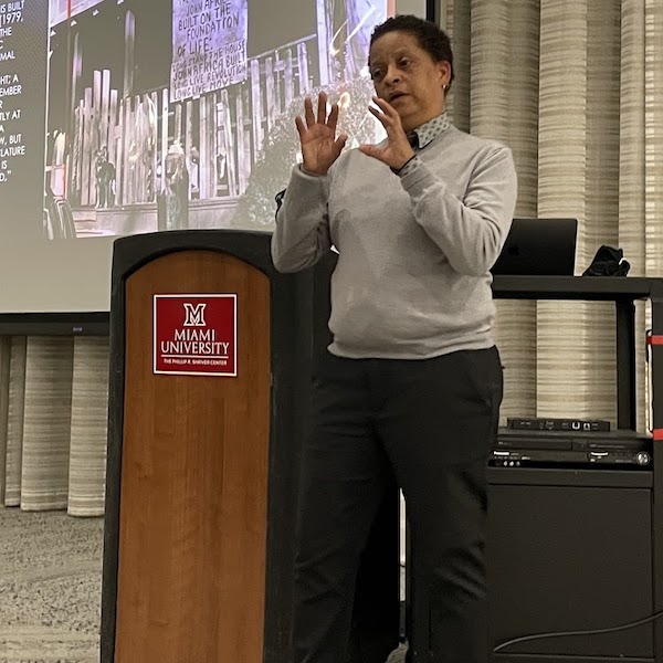 Sharon P. Holland addresses her audience in the Dolibois Room at Shriver Center.