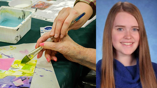 A nursing home resident receives guidance from a staff member helping with an art project (left) with Cassie Keiser (right)