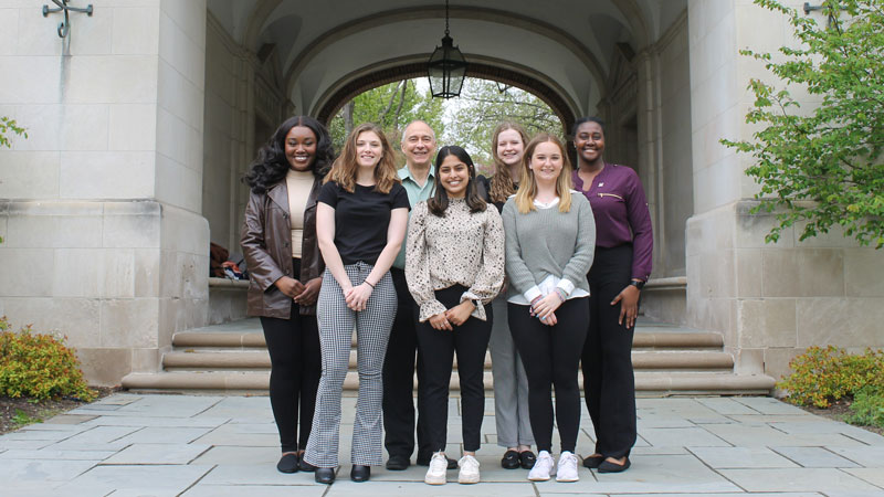 DSAC student members with Dean Makaroff in May 2023. L to R: Petrina Duffour '23, Gabby Jones '25, Chris Makaroff, Bunsi Chapadia '23, Molly Guiberson '24, Peyton King '26, and Jessica Tachie '24.