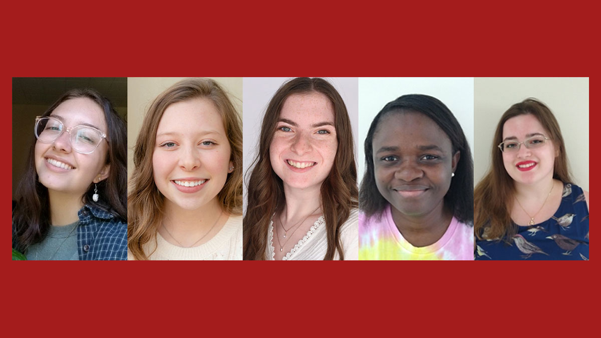 2023 Hannon Armstrong scholars include (L to R): Kayla Allen, Elizabeth Coffey, Katie Gabe, Mireille Fouh Mbindi, and Kathryn Yurek. Not pictured: Dylan Hruska