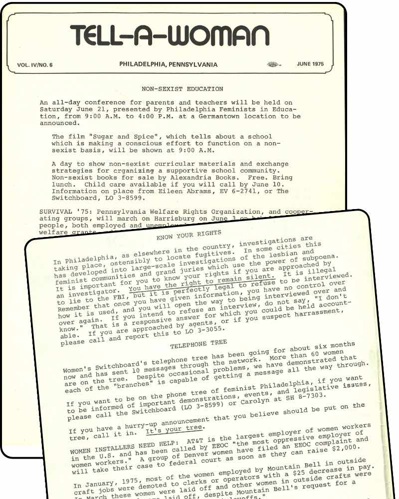 Sample pages from the Tell-a-Woman newsletter, June 1975.