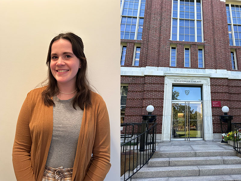 History major Lauryn Zilles and the entrance to the Schlesinger Library, part of the Harvard Radcliffe Institute