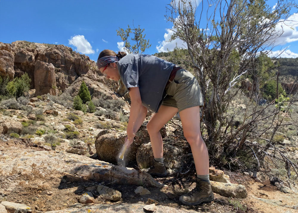 Juliana Curtis collects granite samples at a site in Nevada.