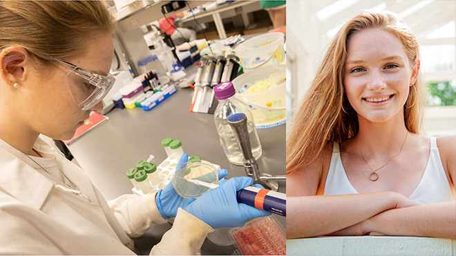 Grace working in the lab on the left and her headshot right.