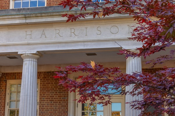 Exterior of Harrison Hall in Fall