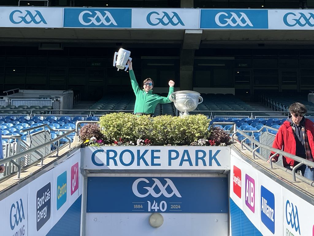 Students got to hoist the All-Ireland Championship trophies. Here, Charlie Cagann holds the Liam MacCarthy Cup awarded to the best hurling team in the country.