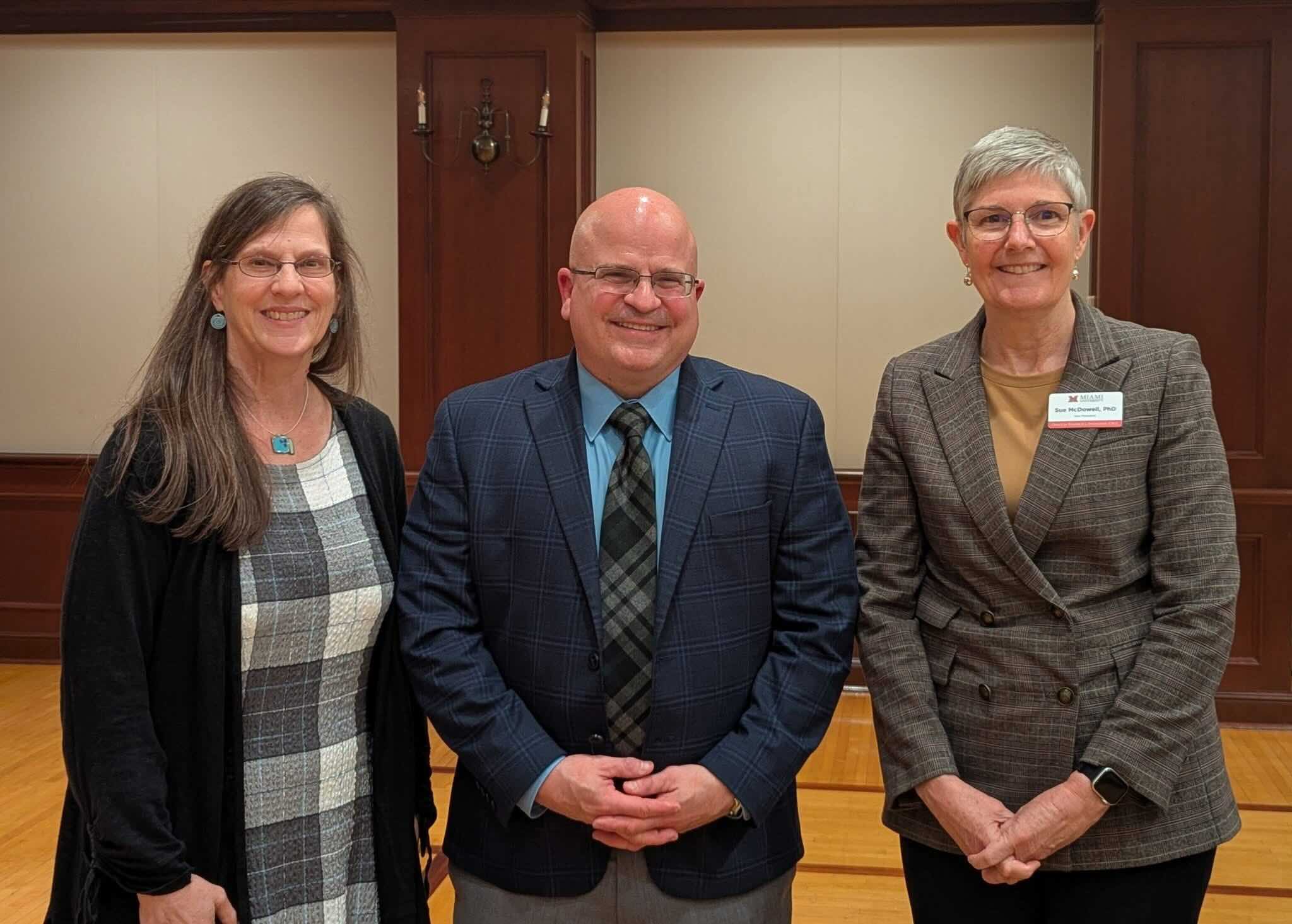 (Left to right) Scripps Gerontology Center Executive Director Katherine Abbott, Joseph E. Gaugler, and Vice President for Research and Innovation Sue McDowell at Gaugler's lecture.