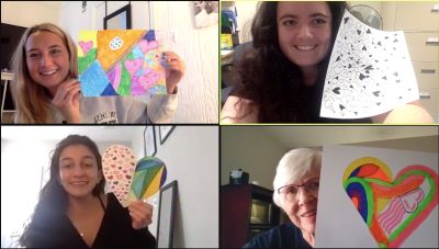 Students sharing their artwork inspired by Jim Dine's hearts over Zoom