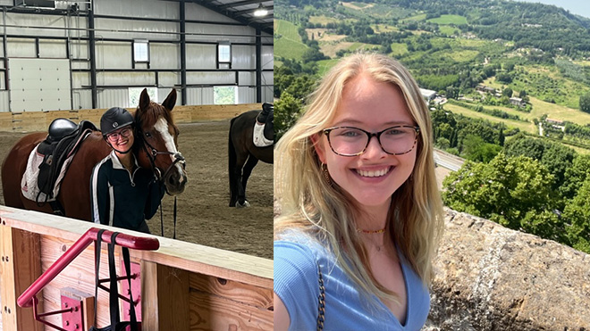 Molly Hearsch with a horse at the equestrian center (left) and sunlight on a stone terrace In front of green rolling fields (right)