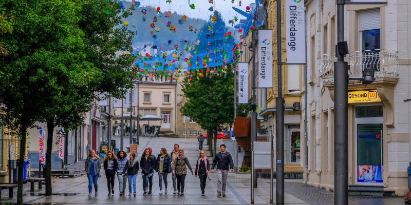 students walking down the street in luxembourg