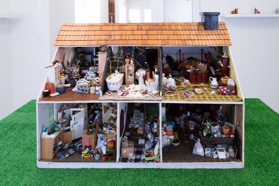 Sarah Rose Sharp artwork, resembling a dollhouse with crowded and disorganized rooms