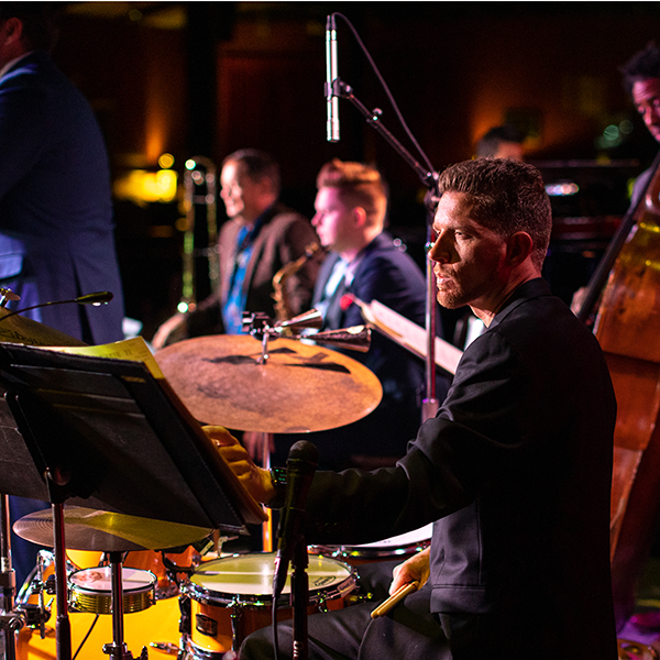 Closeup of Jason Lee Bruns playing drumset with the JLB Collective jazz band