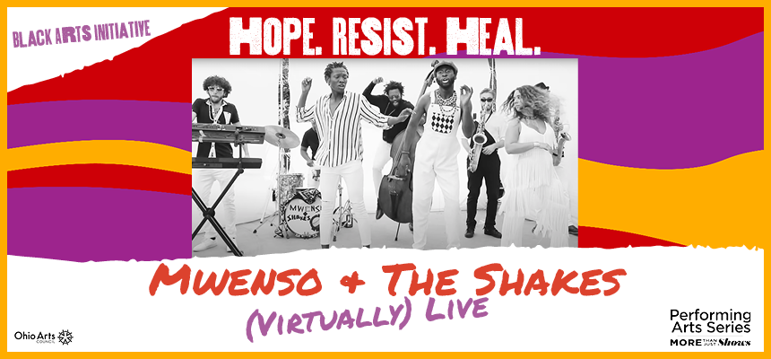 Black and white image of musicians dancing surrounded by red and yellow swirls