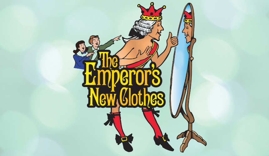 Illustration of a bare chested man looking at himself in a mirror with the logo The Emperor's New Clothes covering his lower half