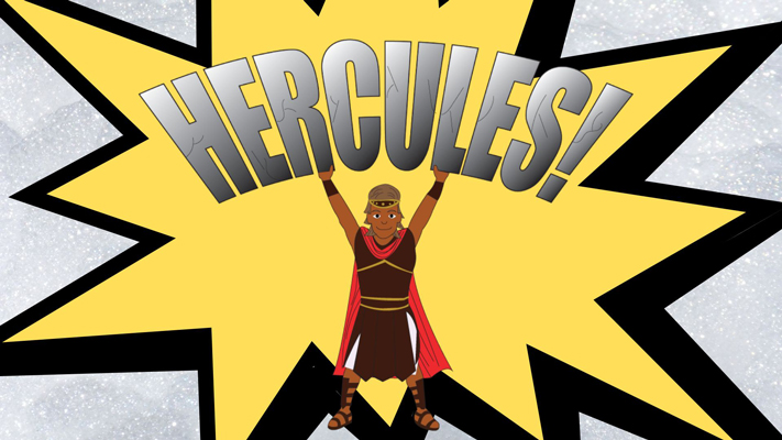 A cartoon style drawing of a man holding up the word Hercules made to look like stone