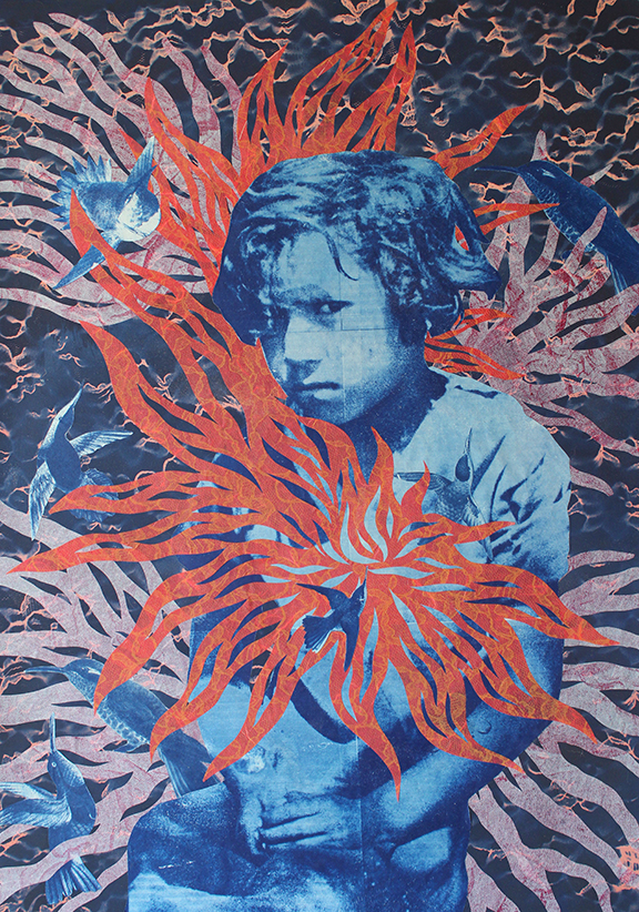 Migratoria, by Karina Serapio-Rendon, multicolor print with child and foliage.