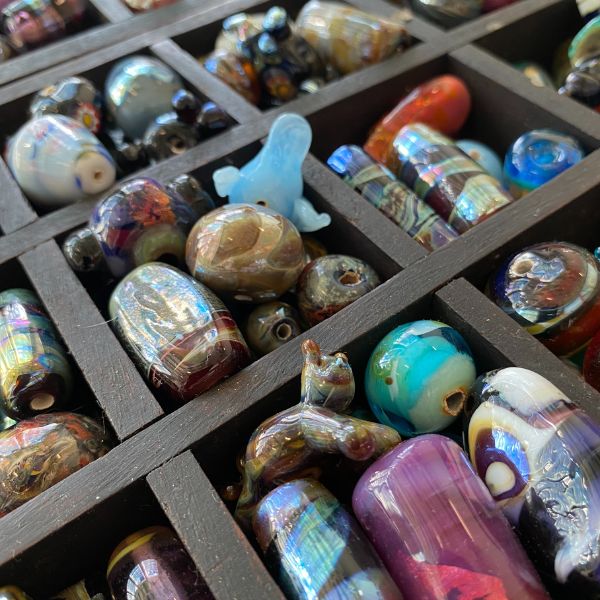glass beads in a storage tray