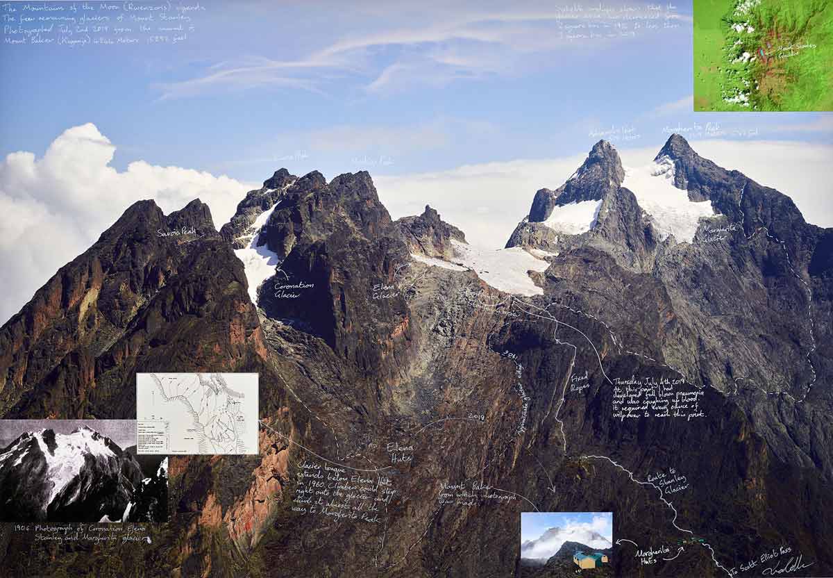 Ian van Coller's East Stanley Glacier Mount Stanley, Rwenzori's, Uganda featuring a mountain peaks with lines outlining trails and notations